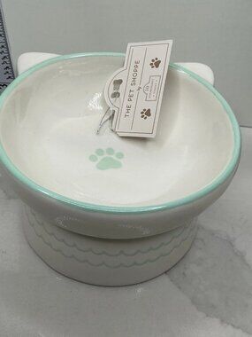 Elevated Cat Bowl 10 Strawberry Street White Green Ceramic Food Water Dish New